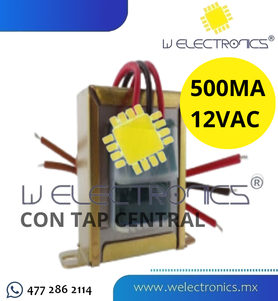 TRANSFORMADOR DE VOLTAJE 12VAC 500MA CON TAP CENTRAL